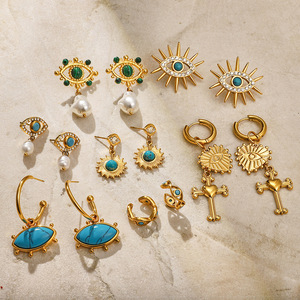 Boucles d'oreilles Evil Eye en acier inoxydable doré, design géométrique en forme de croix, serti clos, bijoux tendance pour femmes - Product Image 2