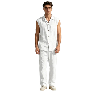 Ensemble 2 pièces <span class=keywords><strong>chemise</strong></span> sans manches boutonnée et <span class=keywords><strong>pantalon</strong></span> en mélange de lin pour <span class=keywords><strong>homme</strong></span> Sehe Fashion - Product Image 3