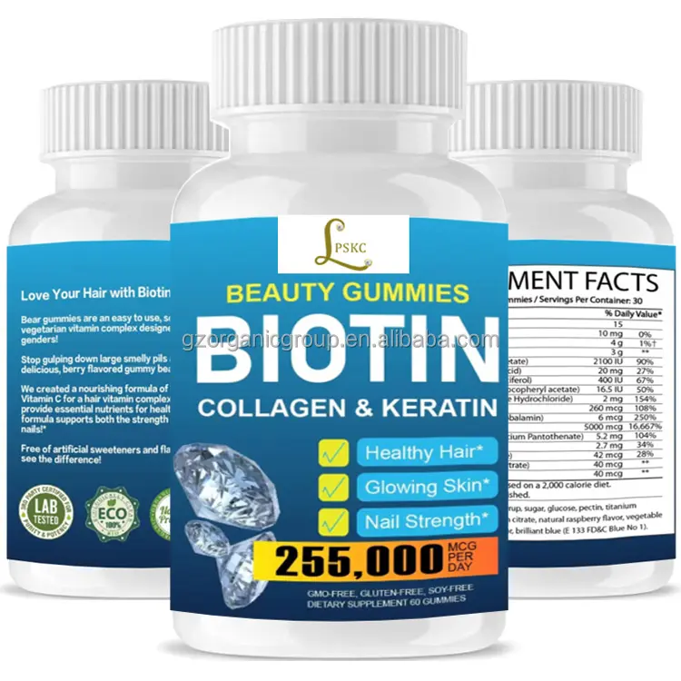 Label pribadi Vitamin dan suplemen pertumbuhan kuku kulit kolagen sehat Gummies dengan Biotin vitamin C