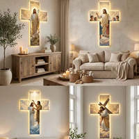 Croix de Jésus sculptée avec soin et illuminée, peinture artistique murale en bois lumineux LED pour la décoration chrétienne de la maison