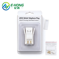 Prise téléphonique britannique 6P2C, norme britannique, contacts plaqués or, verrouillage par clip, coque en PC blanche