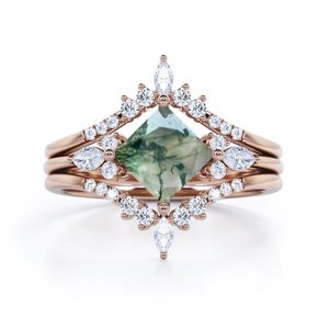 Anillo Clásico de Plata de Ley 925 con Doble Corona y Triple Baño de Oro Rosa, con Ágata Verde Musgo de Corte Princesa de 1.25 Quilates, Certificado con Diamantes - Product Image 6