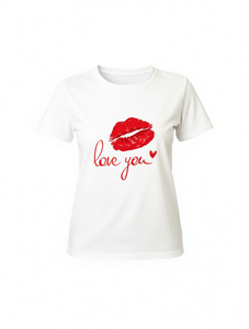 T-shirt da donna oversize con stampa Love You e labbra rosse, a maniche corte, girocollo, vestibilità ampia, taglie forti, casual, per tutte le stagioni - Product Image 1