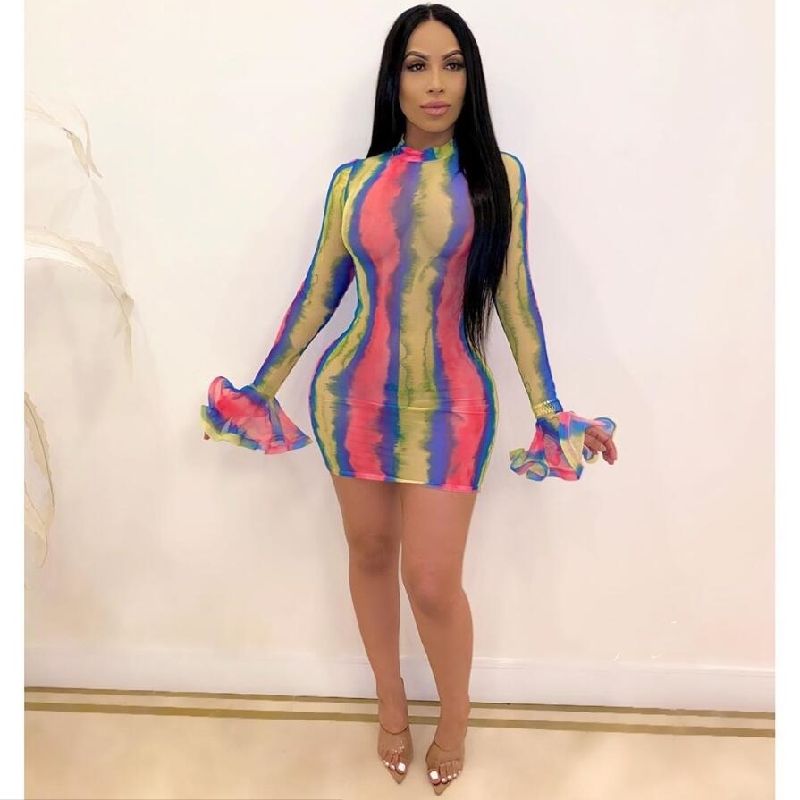 Vestido corto femenino de malla transparente con manga larga, minivestido  Sexy con volantes para mujer, 2022