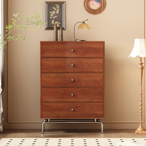 Commode à cinq tiroirs en bois massif de style vintage, armoire de rangement pour chambre à coucher - Product Image 1