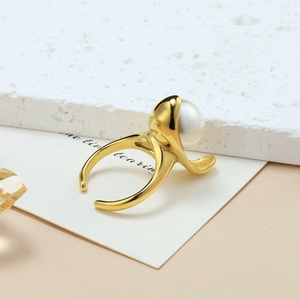 Anillo Abierto de Hoja de Loto Exagerada con Perla Grande, de Oro 18K y Acero Inoxidable Fundido, Joyería al por Mayor SS-066 - Product Image 4