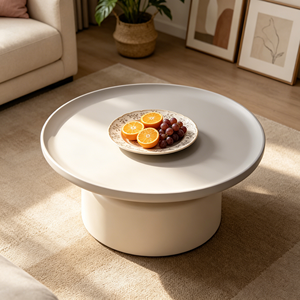 Nouvelle table basse ronde en crème avec base cylindrique intégrée, table d'appoint assortie avec plateau noir, table à thé minimaliste pour salon - Product Image 3