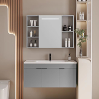 Armoire de salle de bain murale double porte en PVC gris avec lavabo et miroir LED pour hôtel, vente en gros usine