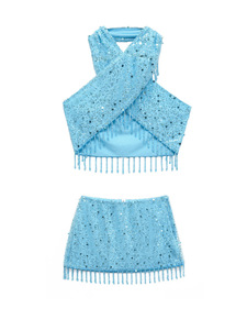 Completo Estivo Sexy da <span class=keywords><strong>Donna</strong></span>: Top Corto con Perle e Paillettes e Gonna Sopra il Ginocchio, Traspirante e Intrecciato, Ideale per Feste - Product Image 2