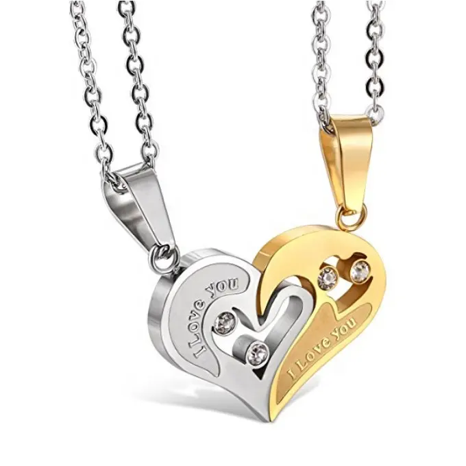 Stainless Steel Men Women Love Heart Cubic Zirconia Puzzle Matching Engraved Word Couple Pendant Necklace