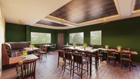 Concept d'intérieur de restaurant de style pub sportif classique, mobilier de bar industriel, table de bar et ensemble de chaises de bar en bois massif