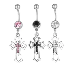 Hot Selling Custom Alloy Umbilical Nail Colorful Inset Diamond Cross Pendant Navel Buckle Ring Piercing Jewelry