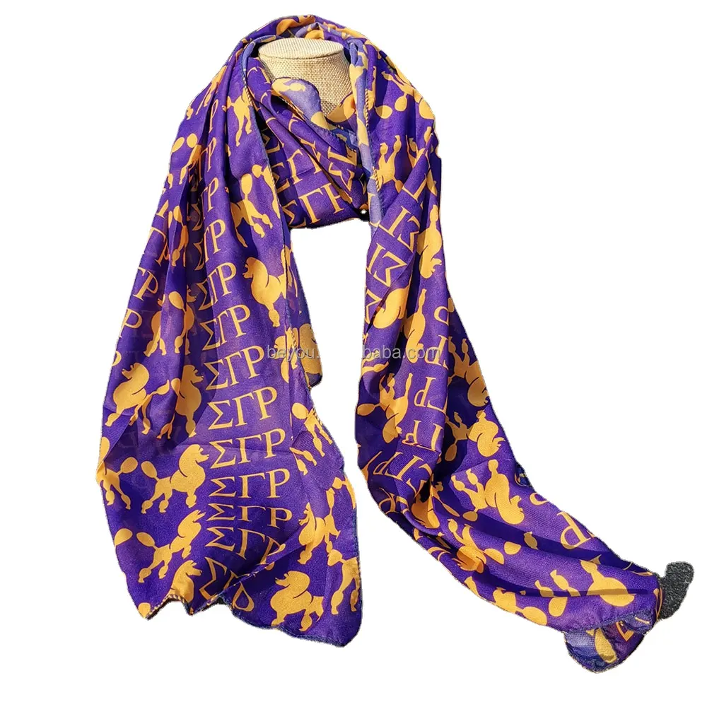 Logo SGR personnalisé violet jaune sororité grecque Sigma Gamma Rho Fine femme écharpes 70*30 pouces cachemire mousseline de soie écharpe accessoire cadeau