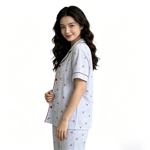 Women's Summer Casual Soft Cotton 100% Turn-down Collar <b>Cardigan</b> <b>Short</b>-<b>Sleeved</b> Two-Piece Pajamas Striped Elastic Waist Pants - Product Image 4