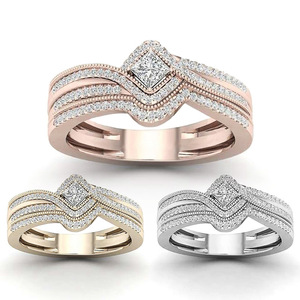 Bague de fiançailles F223 en diamant taille princesse, diamant naturel, or rose, bijoux romantiques pour femmes, alliance en or 14 carats - Product Image 1