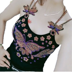 Débardeur de soirée pour femme en maille fine respirante, long, à bretelles, orné de strass papillon et de paillettes brillantes, sans manches, tissé - Product Image 2