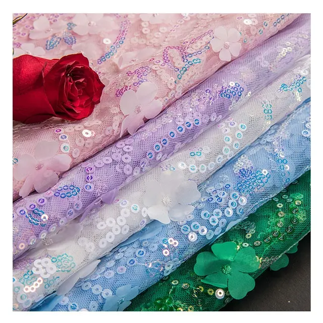 Lace Fabric New Multi-color Sequin Flower Three-dimensional Embroidery Fabric Tulle Wedding Dress Decoration Fabric