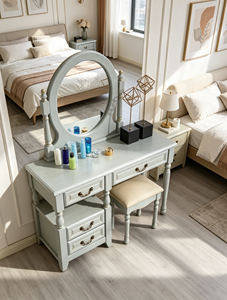 Elegant Turned Leg <b>Solid</b> <b>Wood</b> Vanity Set, 3 Drawer Oval Mirror Makeup <b>Dressing</b> <b>Table</b> With Cushioned Stool For Farmhouse Bedroom - Product Image 3