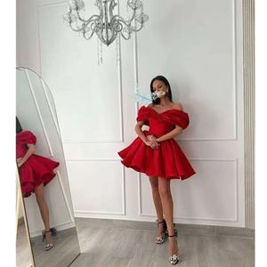 Red Off The Shoulder Satin Evening Dress A Line Vintage Style Fitted Waist Solid Color Women's Formal Gown - Product Image 2
