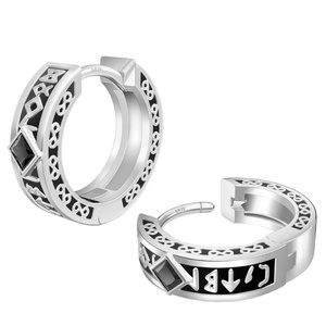 Pendientes de Aro para Hombre, Negros, Chapados en Rodio, Modernos, con Circonita Cúbica, Plata de Ley S925, Hipoalergénicos - Product Image 1