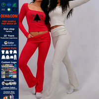 Ensemble de yoga ajusté personnalisé pour femmes, hauts en coton et élasthanne 250g, pantalon évasé, deux pièces, tenue de sport brodée pour la gym