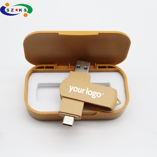 High-Speed Dual-Use Otg Pen Drive Wheat Straw Eco-Friendly Material Custom LOGO Rotatable 32gb 64gb 128gb Type c USB Flash Drive