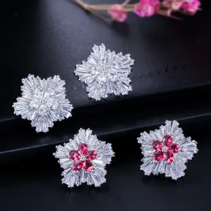 Korean Fashion Brand CZ Jewelry Snow Rose Flower Shaped White Red Cubic Zirconia Stud Earrings Accessories for Girls Gifts