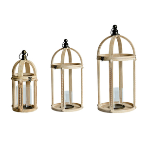 Lanterne porte-bougie en bois avec poignée en métal rustique, design cage à oiseaux, style rétro écologique - Product Image 1