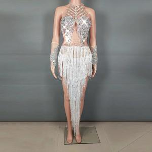 Oem Gaun <span class=keywords><strong>Prom</strong></span> Malam Wanita Kualitas Tinggi Gaun Bodycon Perak Tembus Pandang Rumbai Gaun Dansa Latin Berlian Imitasi - Product Image 4