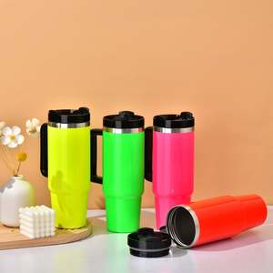 Gobelet isotherme en acier inoxydable H2.0 de 30 oz, rose fluo, avec paille, pour café et boissons chaudes, modèle vierge - Product Image 5