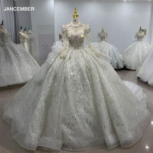 Robe de mariée de luxe perlée de Dubaï, modèle princesse, Xs117, robe de bal scintillante à manches longues illusion en dentelle pour la mère royale ou la mariée - Product Image 1