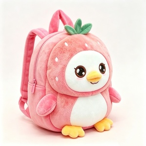 Mochila de Peluche Personalizada de Pingüino con Fresa, Linda Mochila de Peluche de Animal, Fresa Rosa para Niños, Mochila de Peluche de Pingüino para Niños - Product Image 1