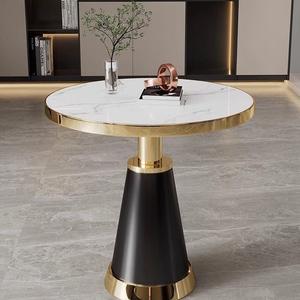 Modern Sintered Stone Round Accent <b>Table</b> Gold Trim Pedestal <b>Table</b> for Hotel & Home - Product Image 2
