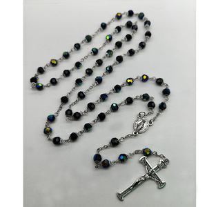 Collier chapelet en cristal bleu saphir, bleu lac, bleu ciel, avec pendentif croix perlée, bijoux religieux unisexe, chaîne en argent 925 - Product Image 4
