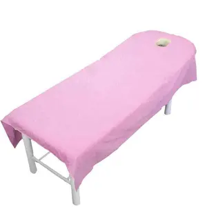 100% कपास ठोस रंग सफेद बैंगनी गुलाबी स्पा फ्लैट शीट के साथ मालिश की मेज बिस्तर शीट छेद