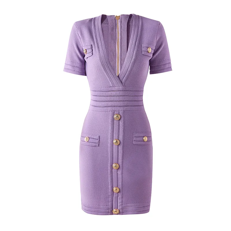 Itian Style High Street Sexy V-neck Short Sleeve Quality Summer Sheath Stretchy Knit Purple Dress for Women