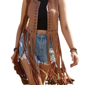 <span class=keywords><strong>Gilet</strong></span> <span class=keywords><strong>long</strong></span> vintage hippie européen et américain pour <span class=keywords><strong>femme</strong></span>, sans manches, à œillets et franges, en suède et peluche, modèle 120 - Product Image 5