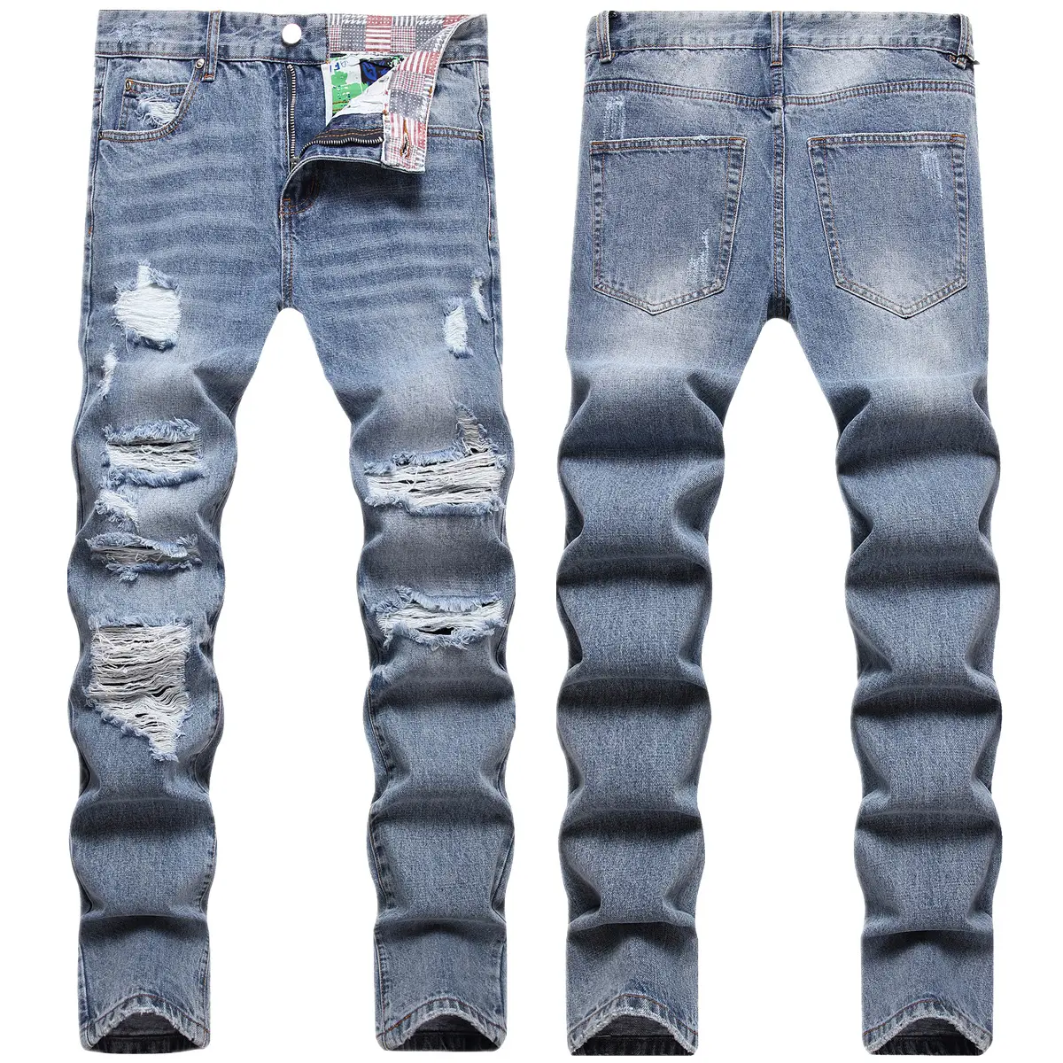 AeeDenim Großhandel anpassen Logo Ripped Jeans Trend schlanke Füße große Löcher Männer regelmäßige Hosen Herren zerrissene Jeans p