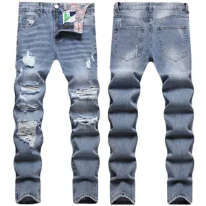 Aeedenim Groothandel Aangepaste Logo Gescheurde Jeans Trend Slanke Voeten Grote Gaten Mannen Reguliere Broek Heren Gescheurde Denim Jeans P