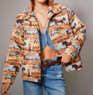 Chaqueta estilo retro americano occidental con estampado de caballo amarillo, holgada y casual. - Product Image 4