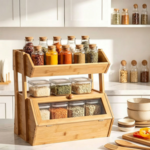 Boîte à pain en bambou à double couche avec porte transparente, support de rangement pour fruits et pain de cuisine - Product Image 3