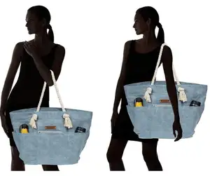 กระเป๋าชายหาดเก็บของได้เยอะสำหรับผู้หญิง,กระเป๋าโท้ทกระเป๋าถือเชือกกัญชงมี6กระเป๋า