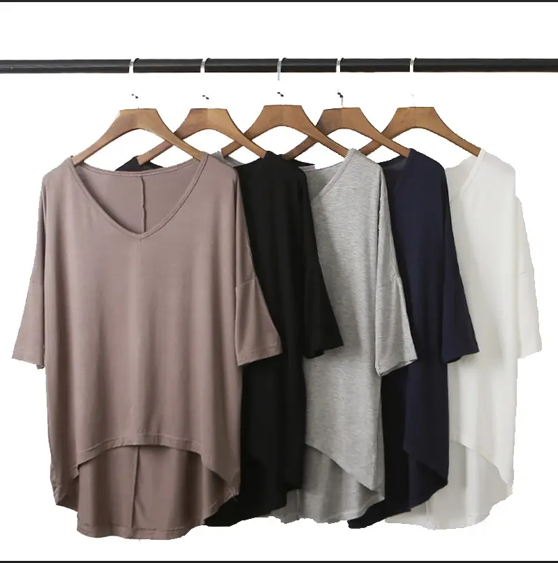 Modal bat sleeve medium sleeve T shirt women casual Korean version V-neck solid color large size base shirt