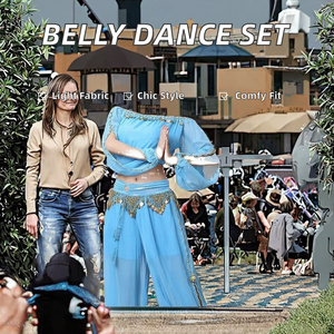 Conjunto de Top de Manga Larga de Chifón para Danza del Vientre y Pantalones con Monedas de Linterna, Vestido Indio Árabe Negro para Mujer, en Existencia, Sin Tiempo de Entrega de Muestra - Product Image 2
