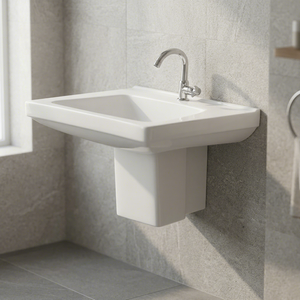 Vistaar Lavabo en céramique blanche à demi-pied, de forme carrée, design export pour centres commerciaux et villas - Product Image 3