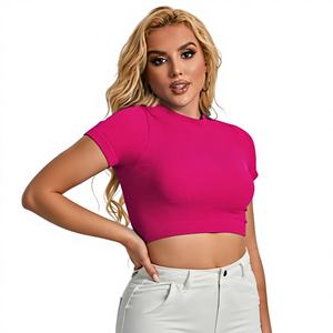 Tops Cortos de Alta Calidad para <span class=keywords><strong>Mujer</strong></span>, Blusa Sólida Lisa, Camiseta Corta, Camiseta Deportiva para Gimnasio - Product Image 2