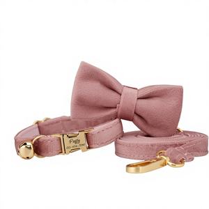 ชุดปลอกคอและสายจูงแมวและสุนัขพันธุ์เล็ก Dustypink Veet พร้อมป้ายชื่อสลักฟรี กระดิ่งทอง ของขวัญวันเกิดสำหรับสัตว์เลี้ยง - Product Image 1
