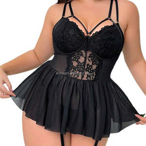 Set Piyama Ukuran Besar untuk Wanita Gemuk, Gaun Tidur Segitiga Solid dengan Tali Spaghetti Berenda Bunga, Gaun Tidur Jaring Seksi dan Nyaman - Product Image 6