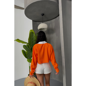 Crop top orange vintage à motifs floraux et unis en coton tissé avec détail logo sur col blanc, taille XL - Décontracté pour le printemps et l'été - Product Image 3