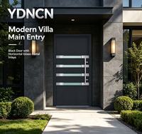 Porte d'entrée moderne en aluminium noir avec bande de verre dépoli, design de luxe pour villa, porte de sécurité extérieure avec longue poignée en acier inoxydable